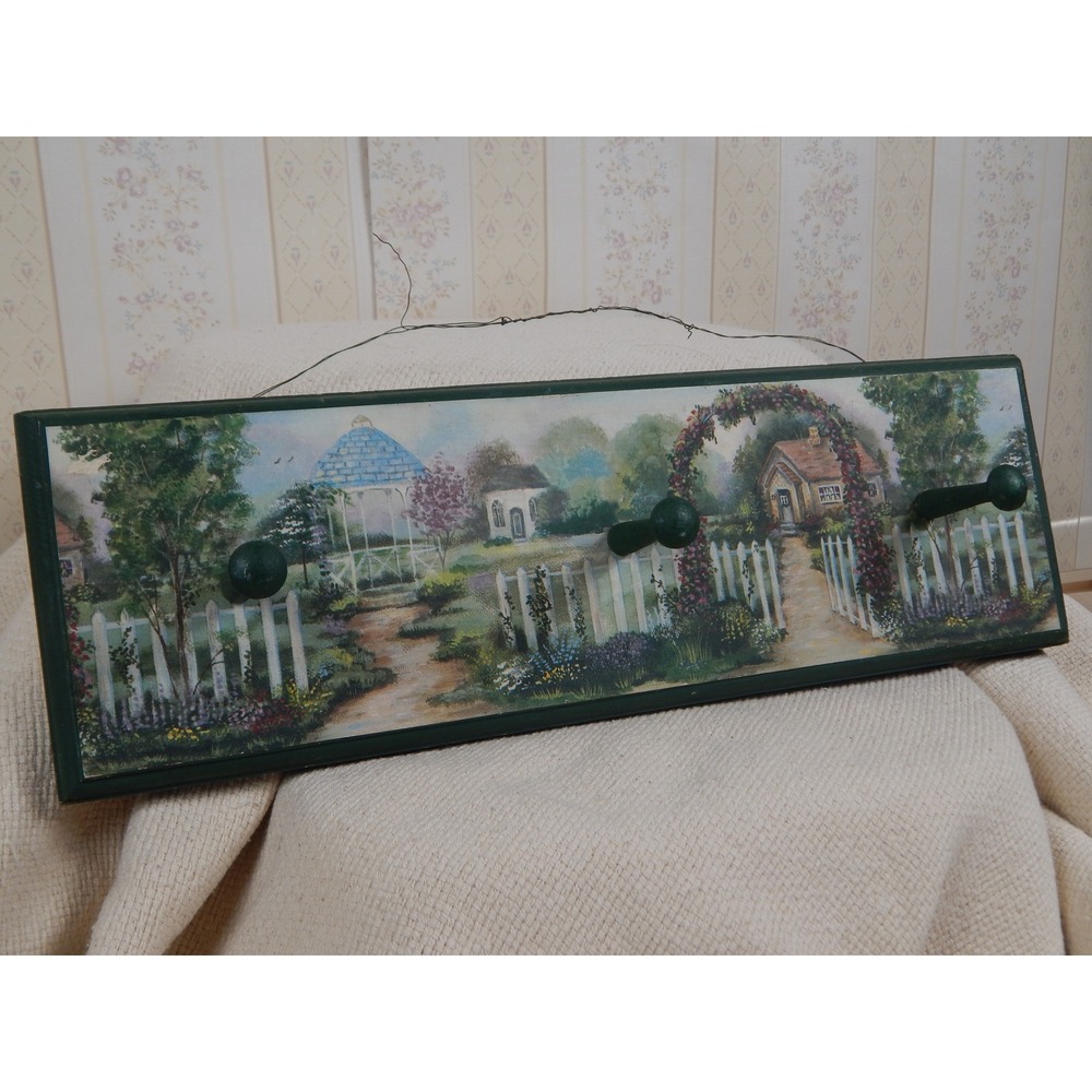 Cottage Garden Wood Wall Peg Rack 4 Hooks Green Country Farmhouse Decor Vtg